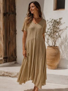 Fenini USA V Neck Relaxed Maxi Dress Size M Cotton Blend Boho Lagenlook Casual